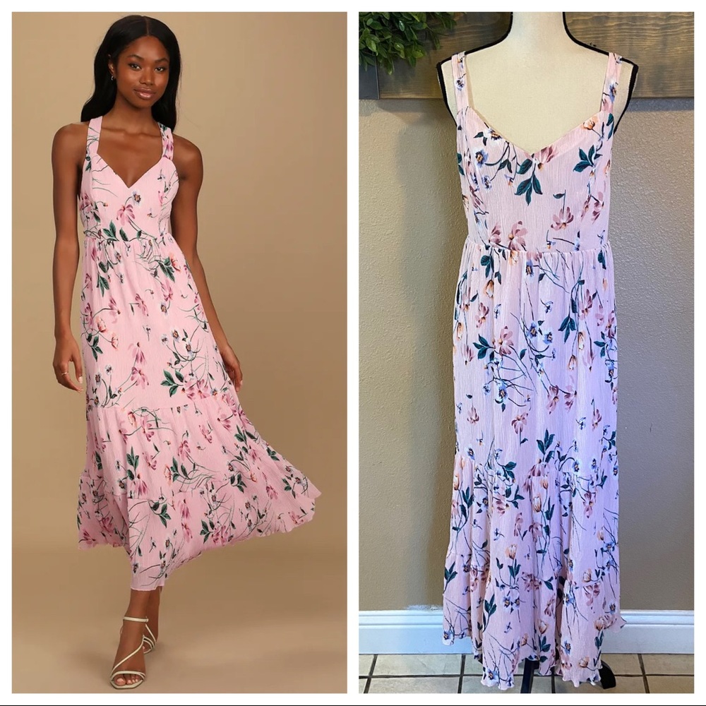 NWOT Lulus Tea in the Garden Pink Floral Print Pleated Tie-Back Midi Dress